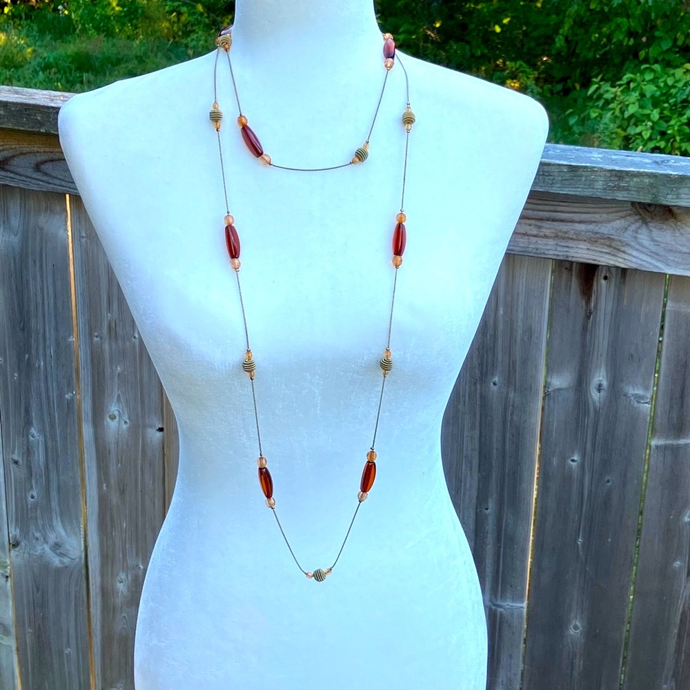 Elegant Gold and Amber Beaded Long Necklace